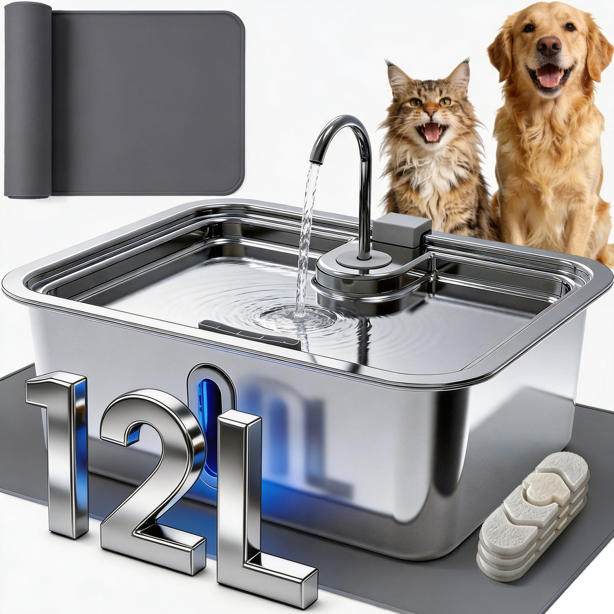 12L/3.17Gal Dog Water Fountain with Silicone Mat & 3 Filters