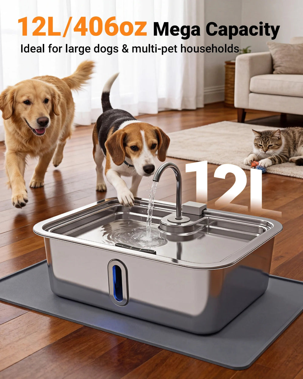 DeftPet 12L / 3.17 Gal Stainless Steel Dog Water Fountain for Large Dogs