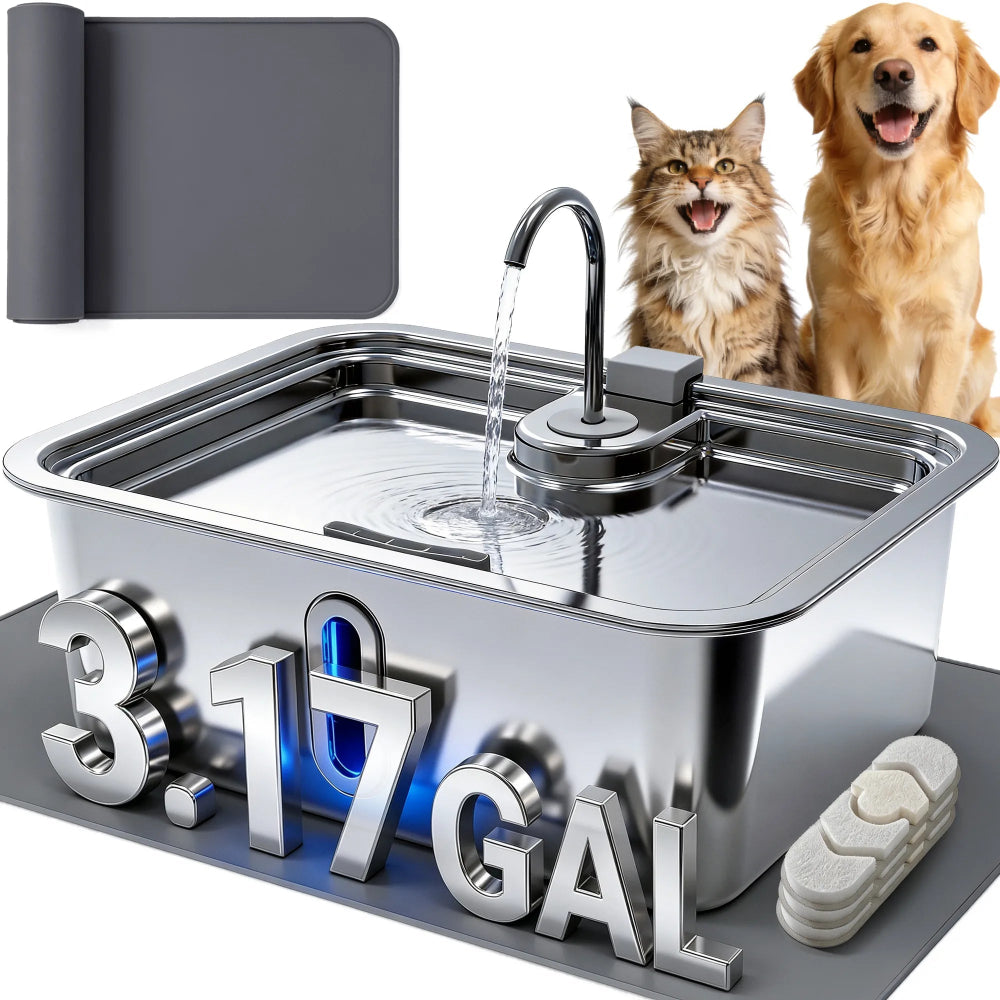 DeftPet 12L stainless steel dog water fountain with silicone mat and three filters