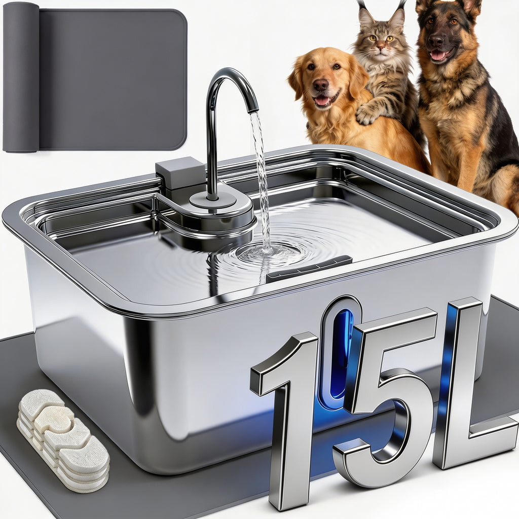 15L/4Gal Large Dog Water Fountain with Pet Feeding Mat & 3 Filters