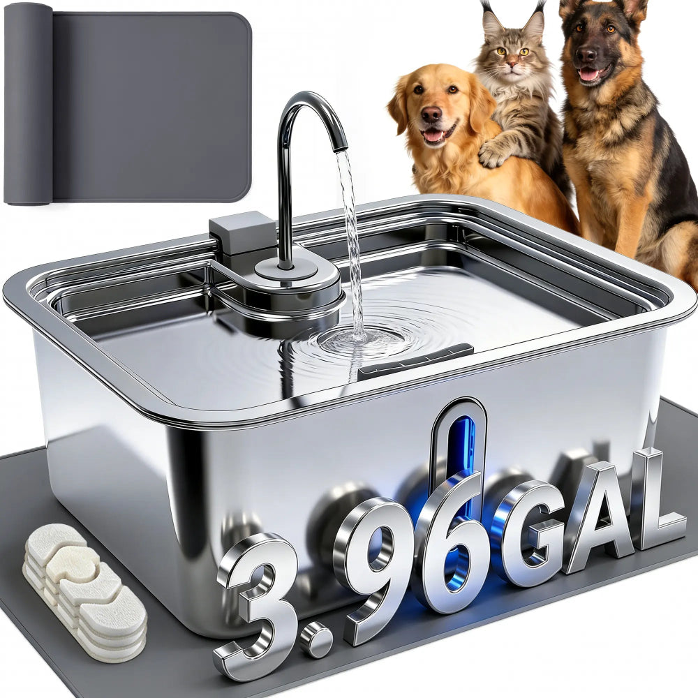 DeftPet 15L stainless steel dog water fountain with silicone mat and three filters
