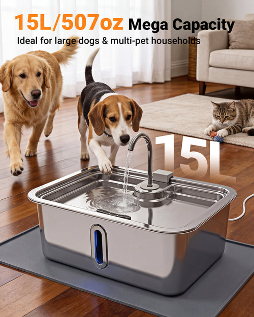 15L/4Gal Large Dog Water Fountain with Pet Feeding Mat & 3 Filters