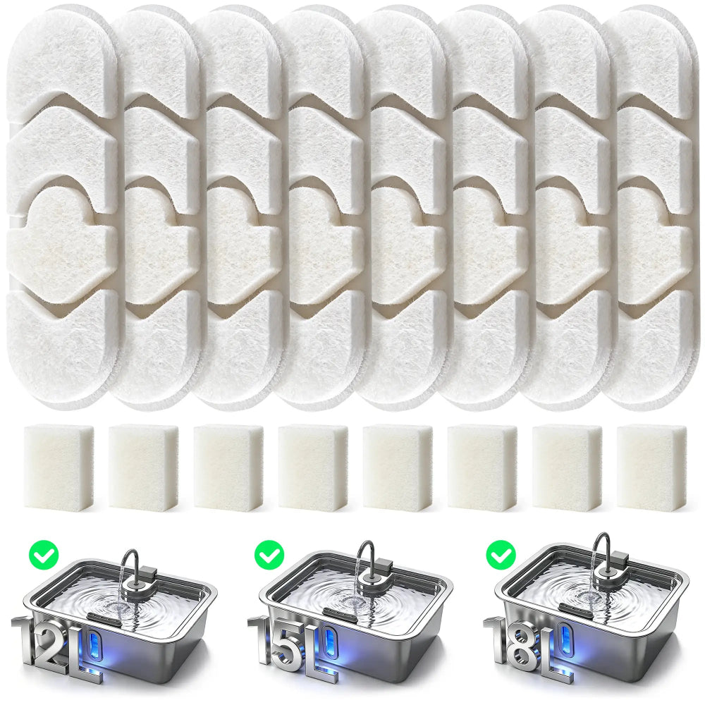 DeftPet Dog Water Fountain Replacement Filters – 8-Pack + 8 Pre-Filter Sponges