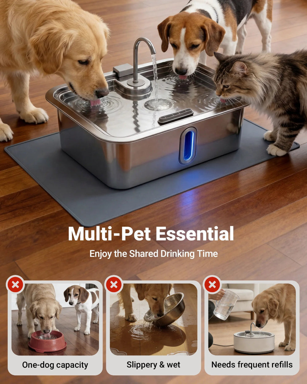 Wide drinking space for dogs, cats & multi-pet homes