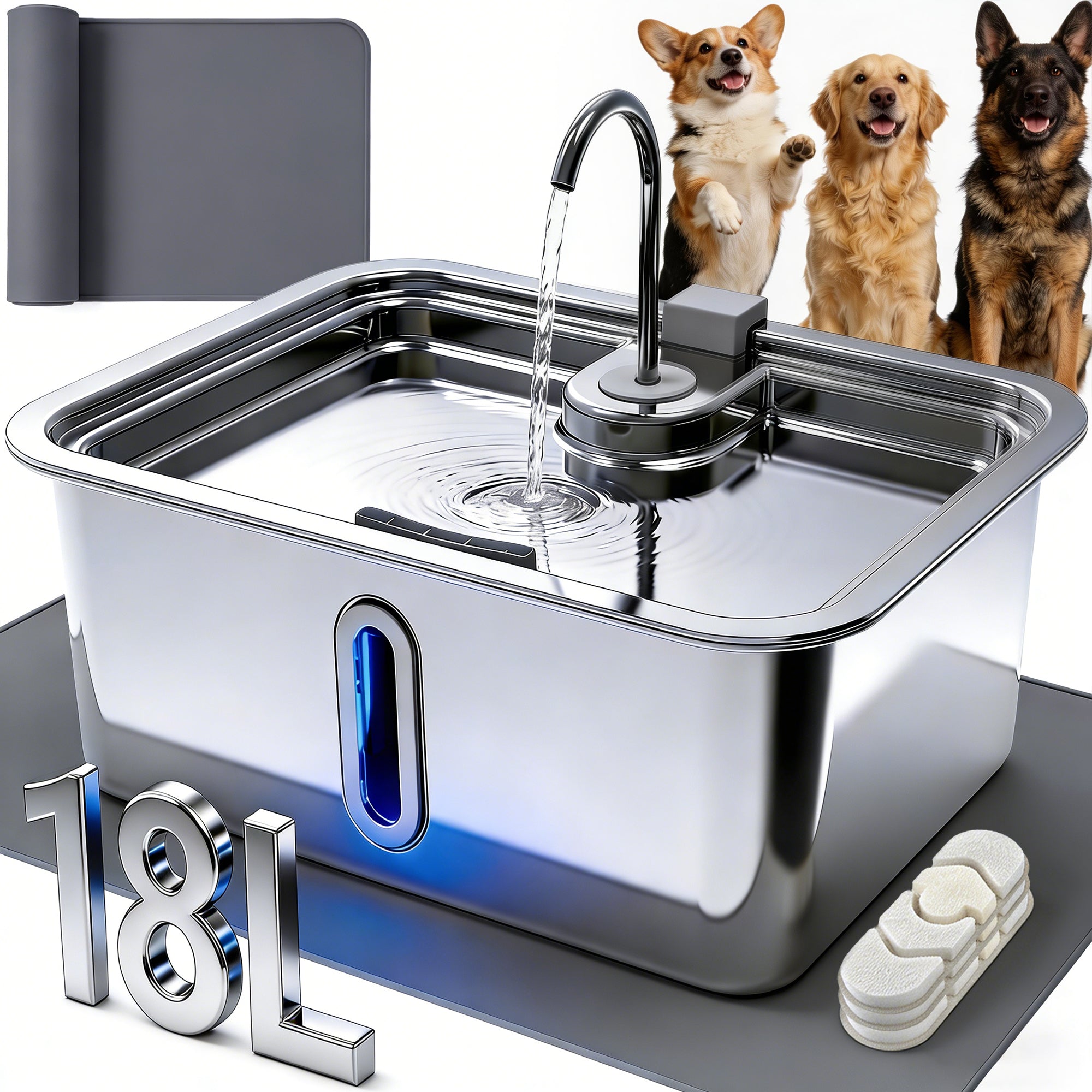18L/4.76Gal Extra Large Dog Water Fountain with Silicone Mat & 3 Filters
