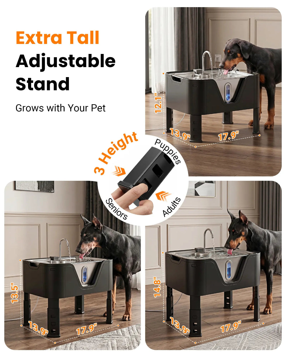 Three adjustable height settings on DeftPet elevated dog water fountain