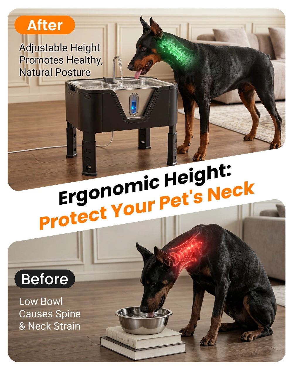 Large dogs drinking together from DeftPet 18L elevated water fountain